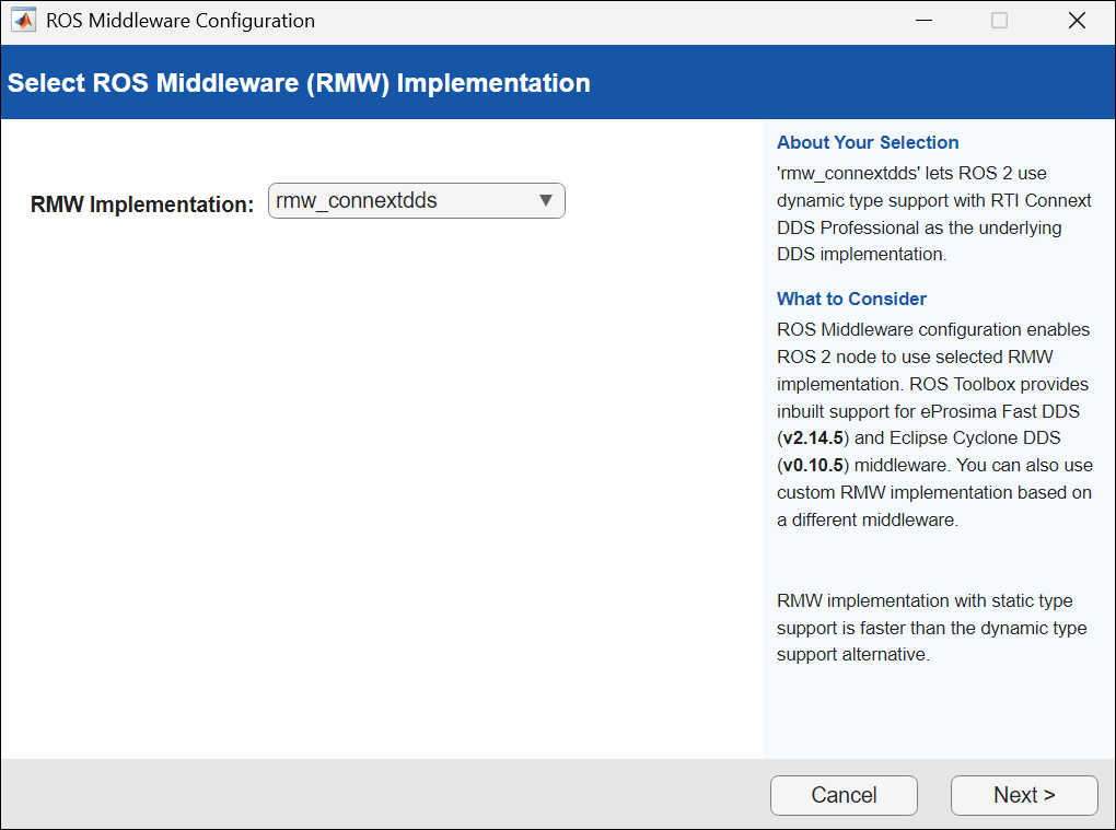 ROS Toolbox settings to configure connextdds RMW implementation