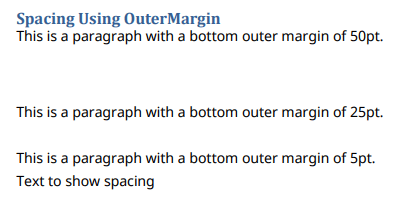 Illustration showing three paragraphs with increasing bottom spacing values: 50 pt, 25 pt, and 5 pt.