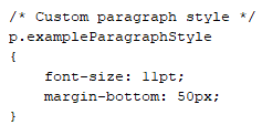 Template snippet defining a custom paragraph style named exampleParagraphStyle with 11 pt font size and a 50 px bottom margin.