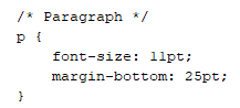 Template snippet showing the default paragraph style setting an 11 pt font size and a 25 pt bottom margin.