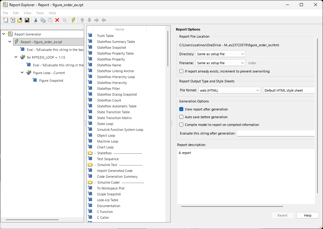 The Report Explorer for the example report. The report is selected. The Report Explorer shows the components in the left pane, the components that you can add in the middle pane, and the report properties in the right pane.