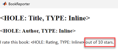 Snippet of viewer window displaying the content of the updated custom template document part BookReporter.