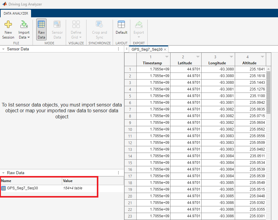 GPS data imported into Driving Log Analyzer from a CSV file, with the name and value of the data highlighted in the Raw Data pane.