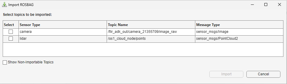 Import ROSBAG dialog box with all sensor data available to import.