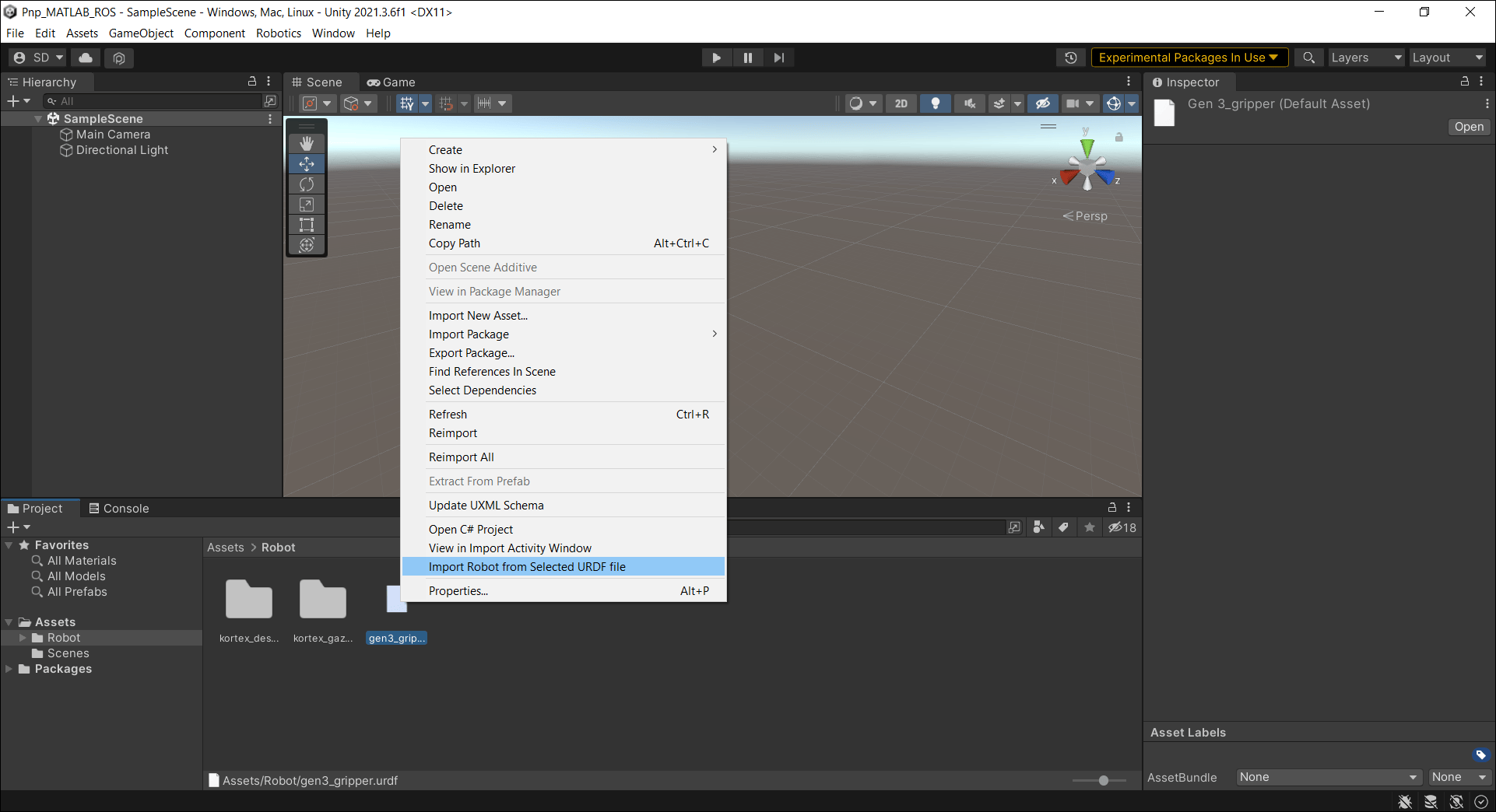 Screenshot of importing robot to Unity