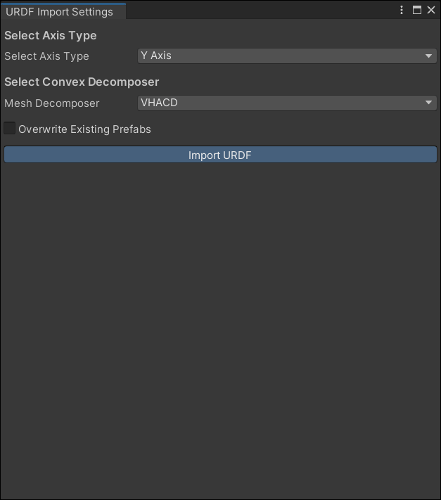 Screenshot of import robot URDF into Unity