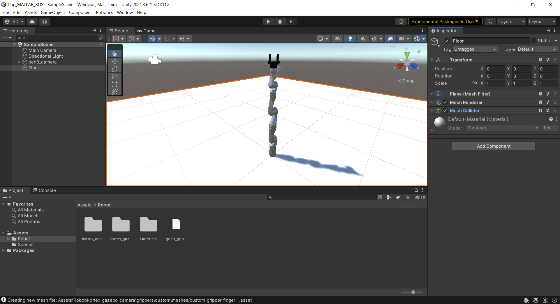 Screenshot of setting up scene in Unity by adding floor for pick-and-place workflow