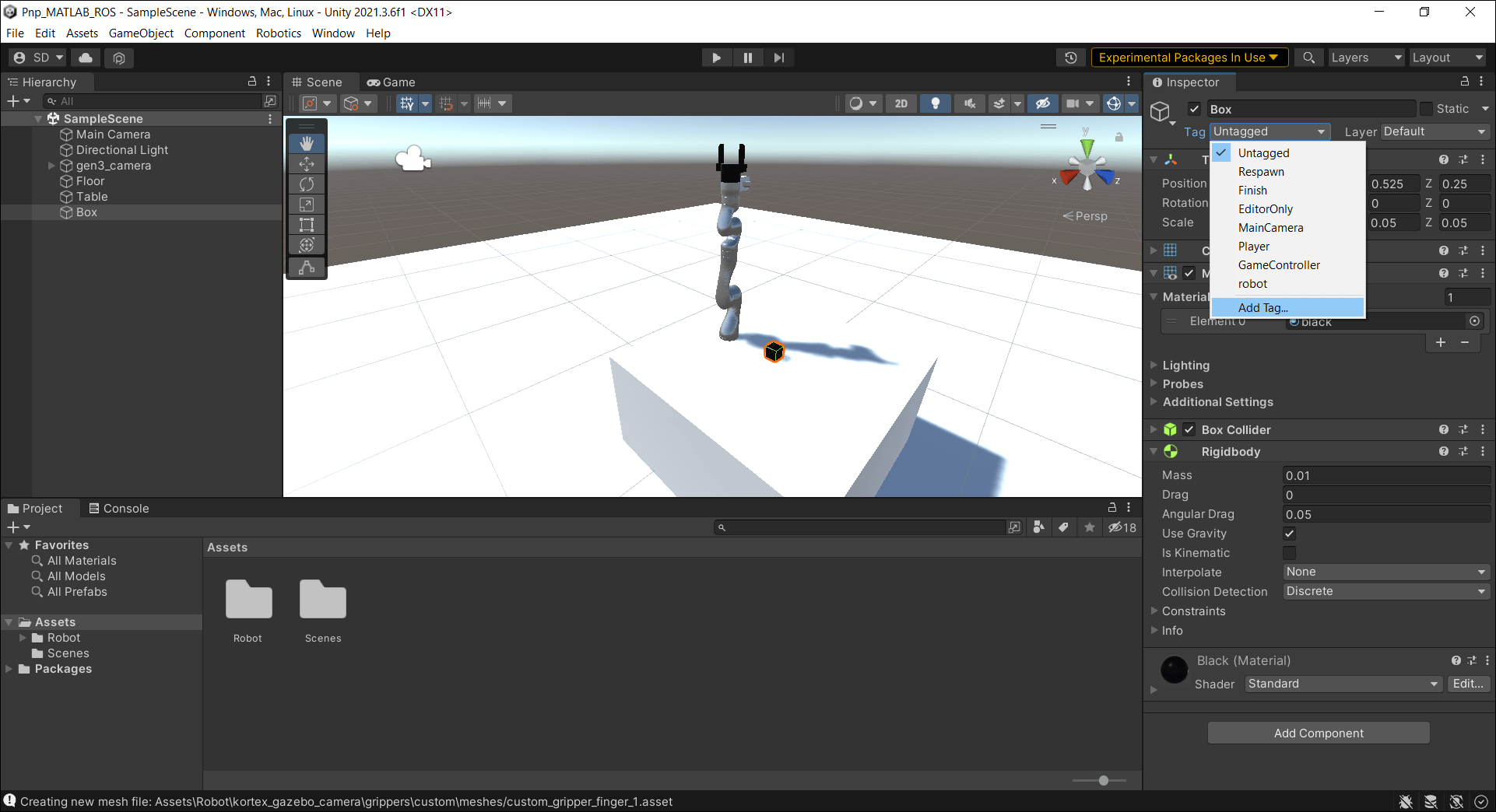Screenshot of adding tag to box in Unity scene