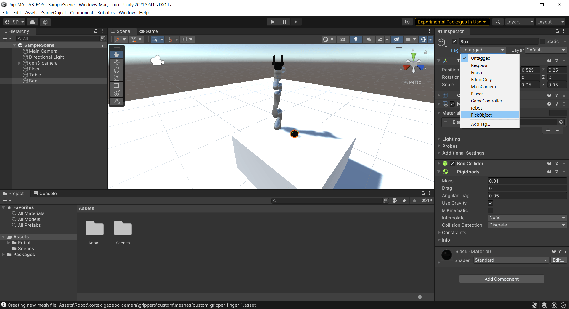 Screenshot of adding tag to box in Unity scene