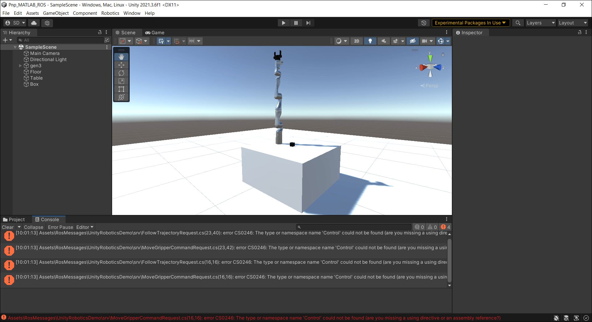 Screenshot of Unity returning errors regarding the missing control_msgs messages