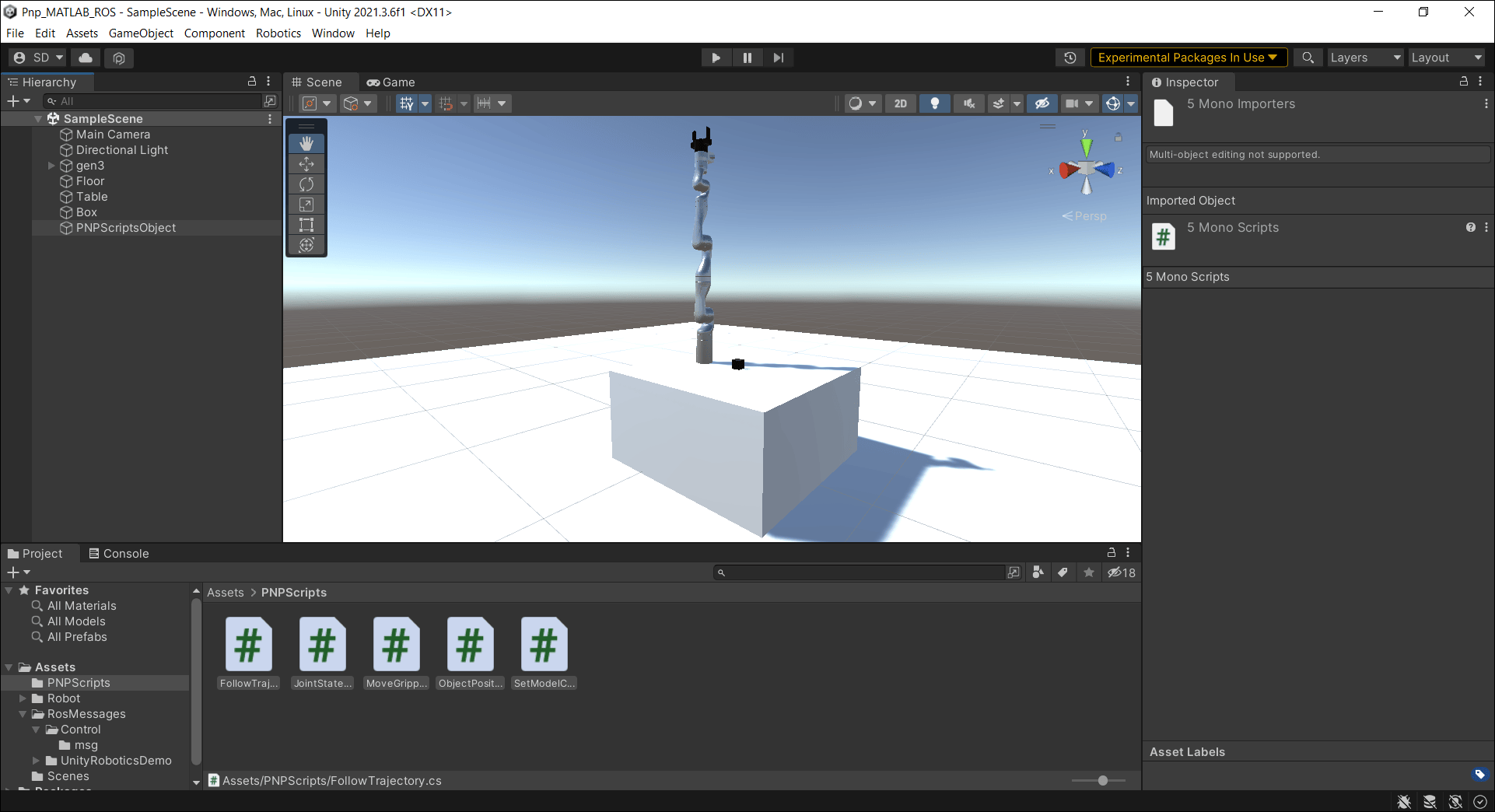 Screenshot of adding ROS service scripts in Unity