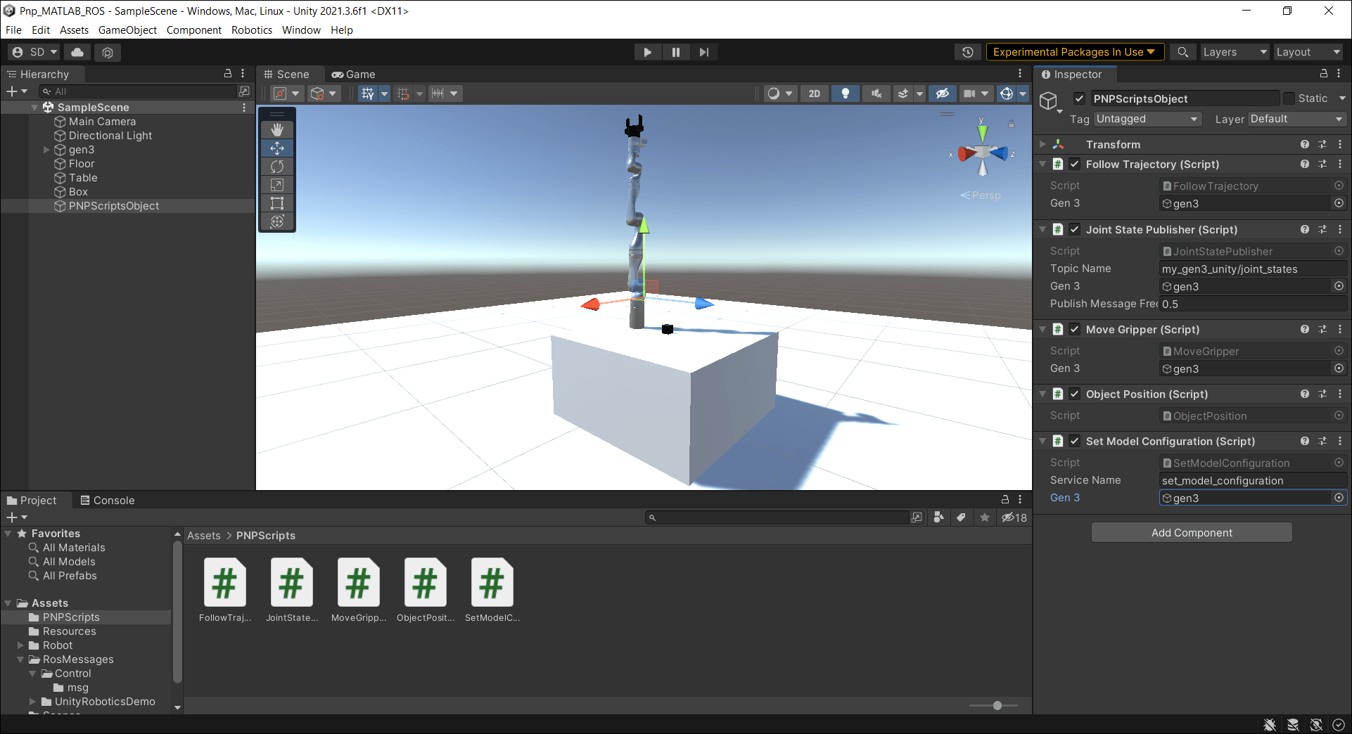 Screenshot of adding ROS service scripts in Unity