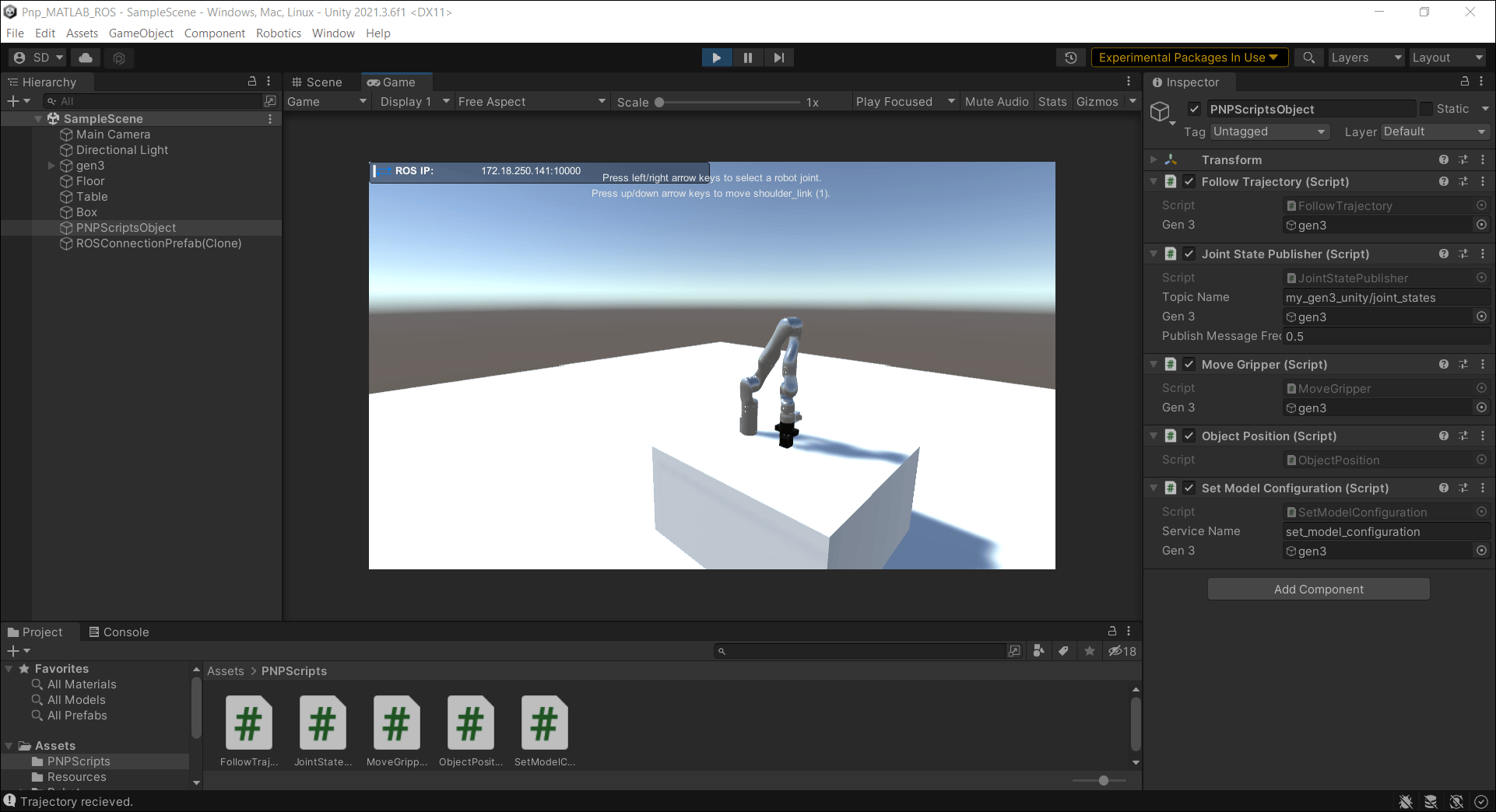 Screenshot of observing if the robot model is performing pick-and-place actions in Unity