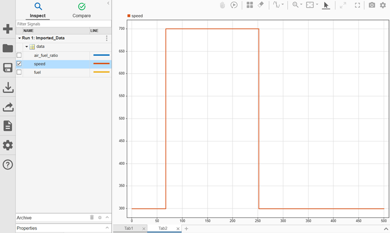 Simulation Data Inspector displaying the speed signal in a separate tab.