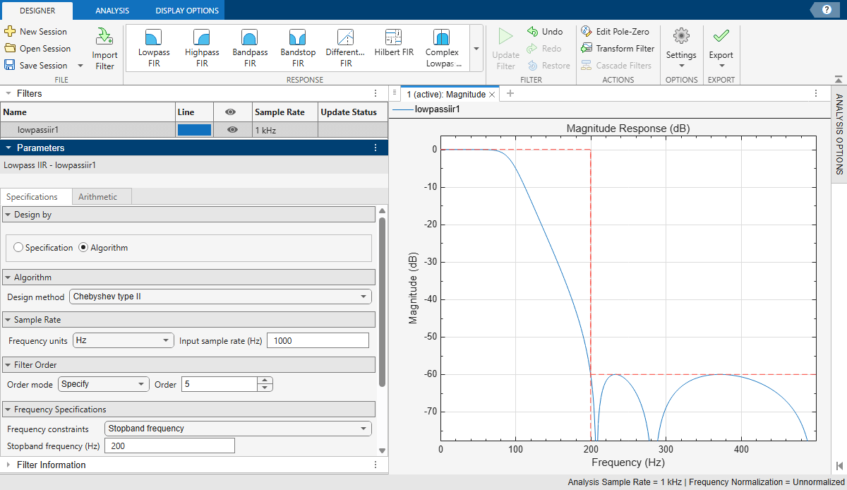 Filter Designer app, showing the Designer toolstrip tab, the lowpass IIR filter in the Filters table, the Parameters panel, and the magnitude response of the filter. The display shows the response plot along with a mask that correspond to the filter design specifications.
