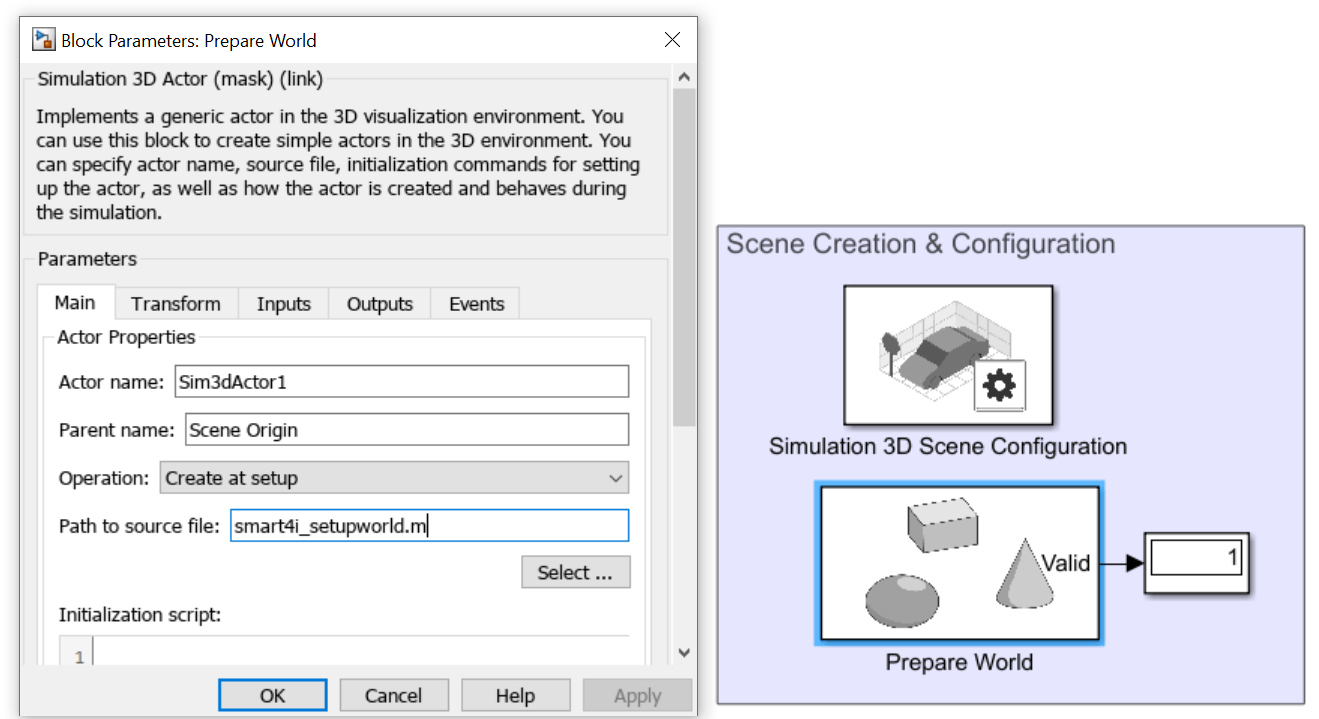 Simulink interface showing Scene Creation and Configuration with Simulation 3D Actor block settings.