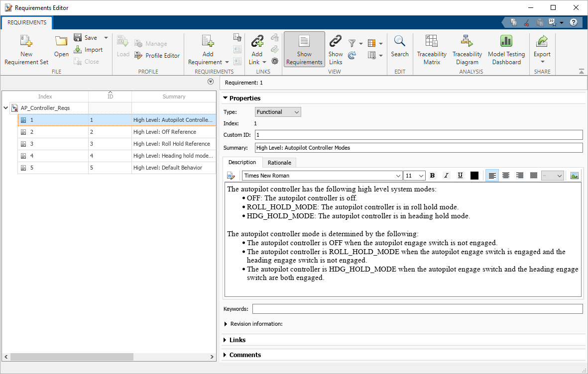 This image shows the requirements set, AP_Controller_Reqs, in the Requirements Editor.