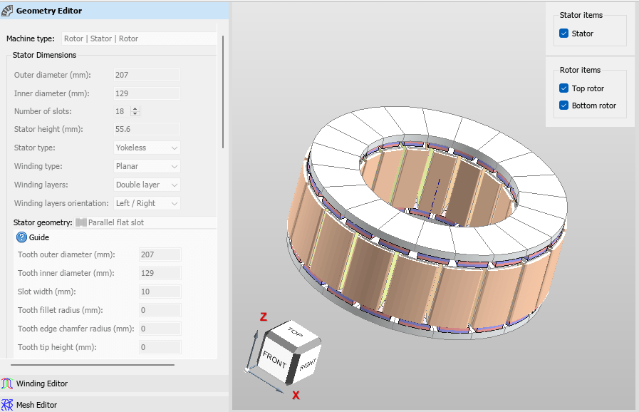 View of the motor model in the MotorXP Geometry Editor.