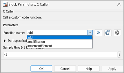 The Block Parameters dialog box for the C Caller block shows the Function name is set to add.
