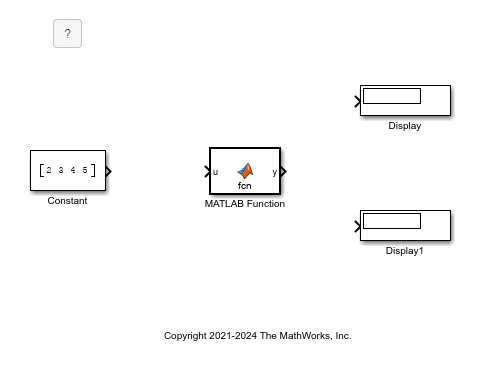 The starting model. The model contains a MATLAB Function block in the center, a Constant block that has a vector with four values to the left, and two Display blocks to the right. The blocks are not connected.