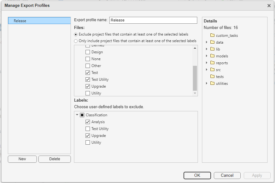Manage Export Profiles dialog box with the Release profile selected. The dialog box lists the files that will be shared and the labels that will be excluded from the archive.