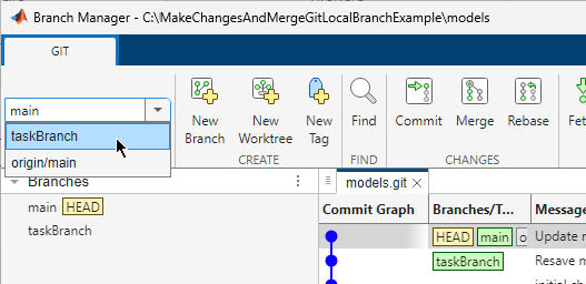 Branch Switcher in the Branch Manager toolstrip
