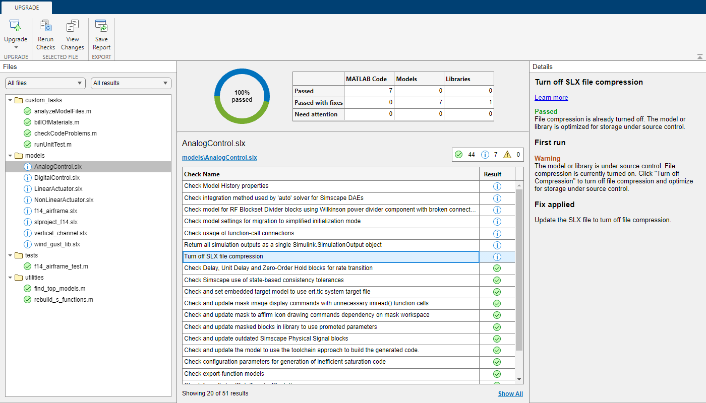 Upgrade Project tool shows a summary of the checks status in the center, the Files pane on the left and the Details pane on the right.