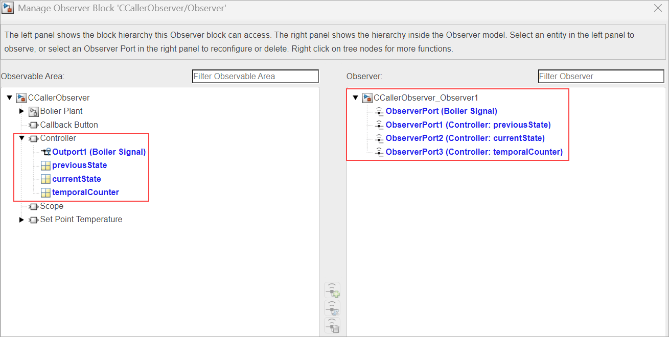 Manage Observer dialog box shows the global variables that the Observer Reference block access.