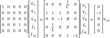 $$\left\lbrack \begin{array}{ccccc}1 & 0 & 0 & 0 & 0\\0 & 0 & 0 & 0 & 0\\0
& 0 & 0 & 0 & 0\\0 & 0 & 0 & 1 & 0\\0 & 0 & 0 & 0 & 0\end{array}\right\rbrack
\left\lbrack \begin{array}{c}\dot{V}_C \\\dot{V}_L \\\dot{V}_R \\\dot{I}_L
\\\dot{I}_{AC} \end{array}\right\rbrack =\left\lbrack \begin{array}{ccccc}0
& 0 & 0 & \frac{1}{C} & 0\\1 & 1 & 1 & 0 & 0\\0 & 0 & -1 & R & 0\\0 & \frac{1}{L}
& 0 & 0 & 0\\0 & 0 & 0 & 1 & -1\end{array}\right\rbrack \left\lbrack \begin{array}{c}V_C
\\V_L \\V_R \\I_L \\I_{AC} \end{array}\right\rbrack +\left\lbrack \begin{array}{c}0\\-1\\0\\0\\0\end{array}\right\rbrack
V_{AC}$$