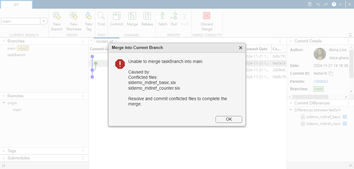 The Branch Manager prompts that the merge resulted in conflicts.
