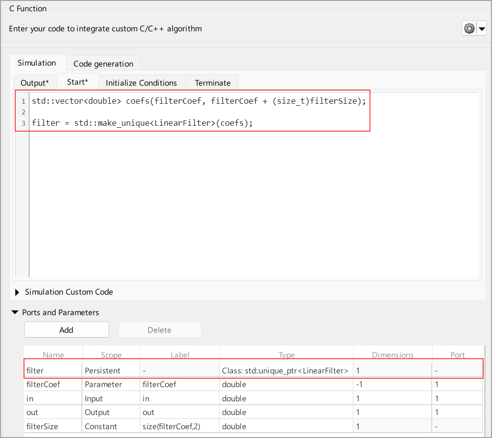 The Start code and the Ports and Parameters table.