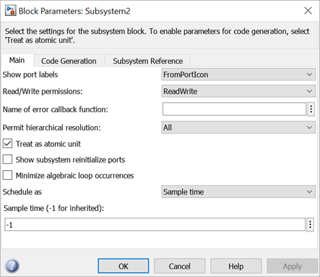The block parameters dialog box for the Subsystem2 block
