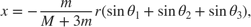 $$ x = - \frac{m}{{M + 3m}}r(\sin \theta _1 + \sin \theta _2 + \sin \theta _3 ), $$