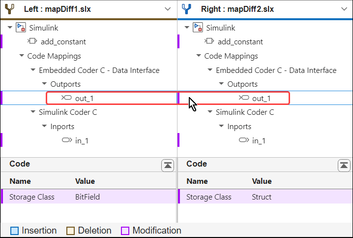Comparison tool showing code mapping differences in the root-level outports.