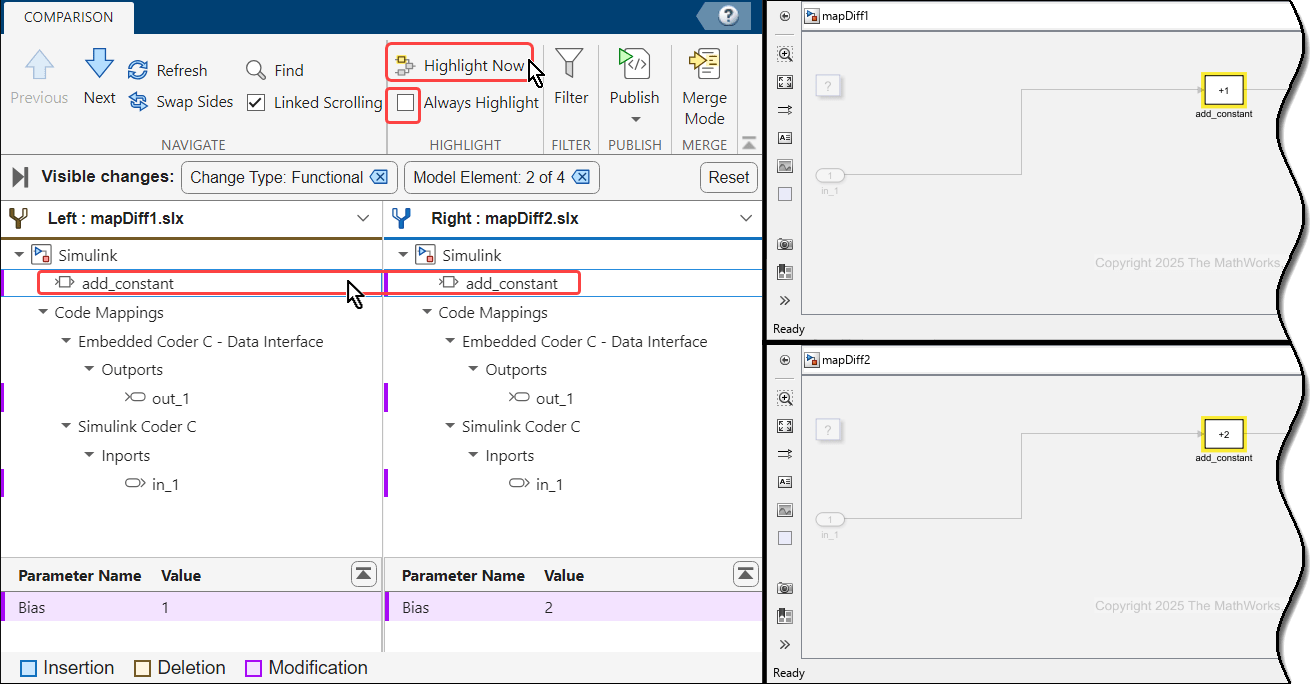 Comparison Tool comparing models mapDiff1 and mapDiff2. The Bias block is selected. Highlight Now and Always Highlighted are outlined in the toolstrip. The Bias block is highlighted in the Simulink editor for both models.