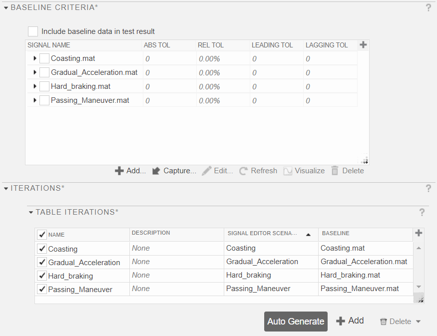 Baseline criteria section listing mat files and corresponding iterations in Iterations section