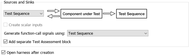 The Sources and Sinks section of the Create Test Harness dialog box.