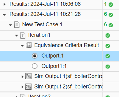 Results hierarchy with Outport:1 under Equivalence criteria result selected