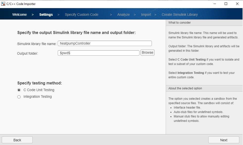 Code import wizard output library file name and output folder, plus testing method