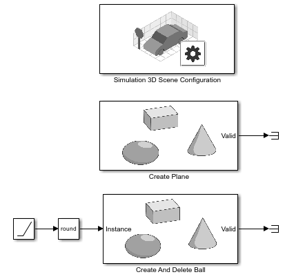Simulink model with Simulation 3D Scene Configuration block and two Simulation 3D Actor blocks named create plane and create and delete ball.