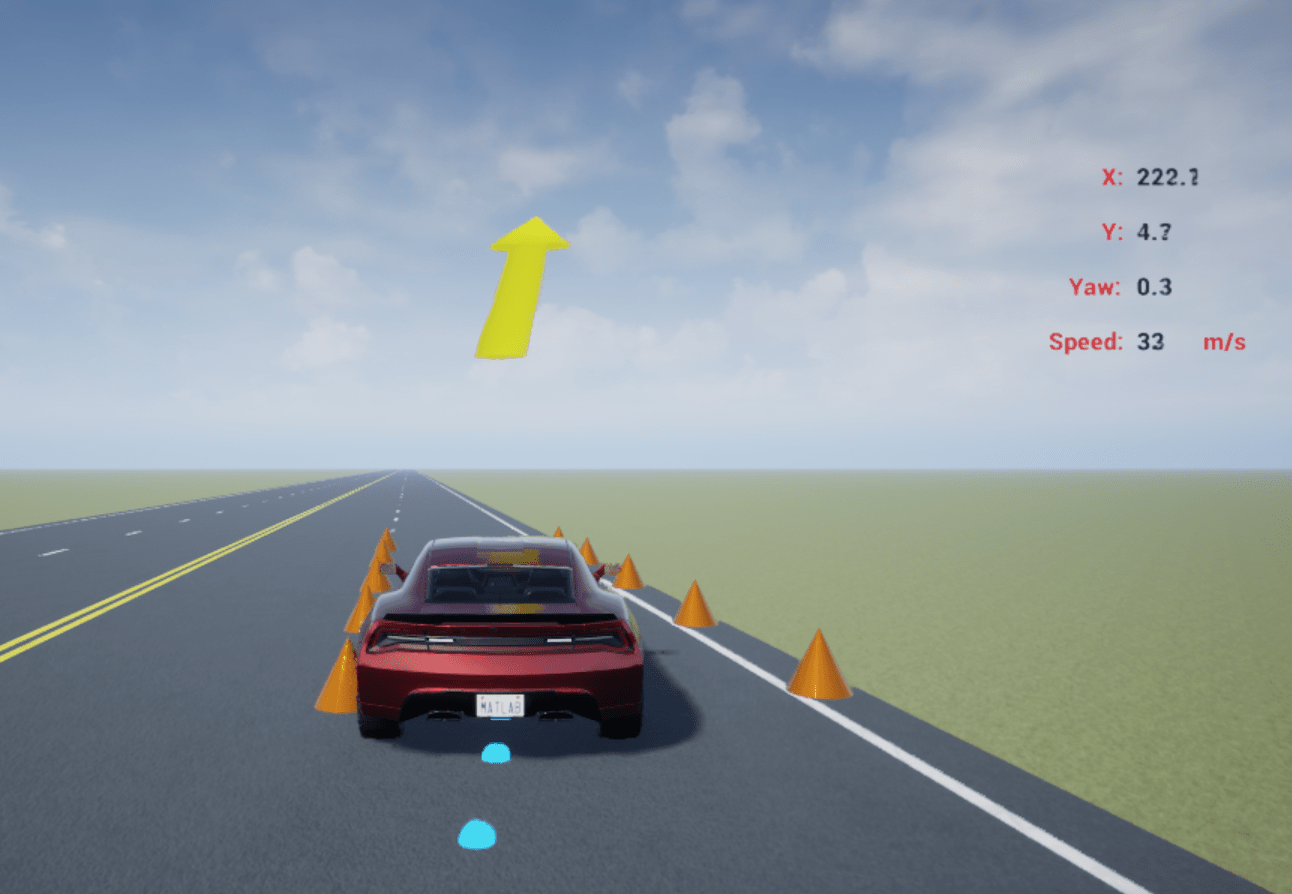 3D environment with vehicle, its trajectory, arrow showing steering direction, and text labels X, Y, Yaw , and Speed with the real time values.