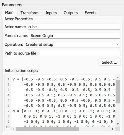 The block parameter dialog box of the Simulation 3D Actor block named cube shows parameters and the initialization script.