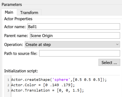 The block parameter dialog box of the Simulation 3D Actor block named ball1 shows parameters and the initialization script