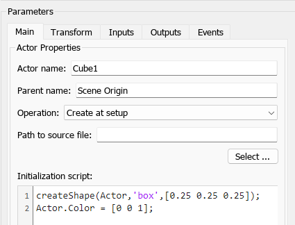 The block parameter dialog box of the Simulation 3D Actor block named cube1 shows parameters and the initialization script.