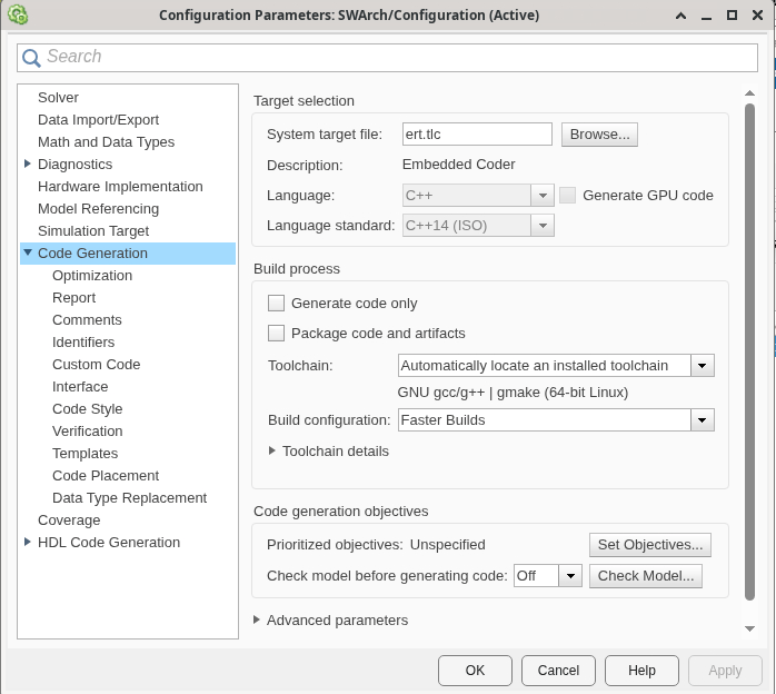 Screen capture of the model Configuration Parameters dialog box with the Code Generation node in the navigation pane selected and expanded. The parameter pane shows target selection, build process, and Code generation objective settings. The Language and Language standard parameters appear faded, indicating that you cannot change the parameter settings.
