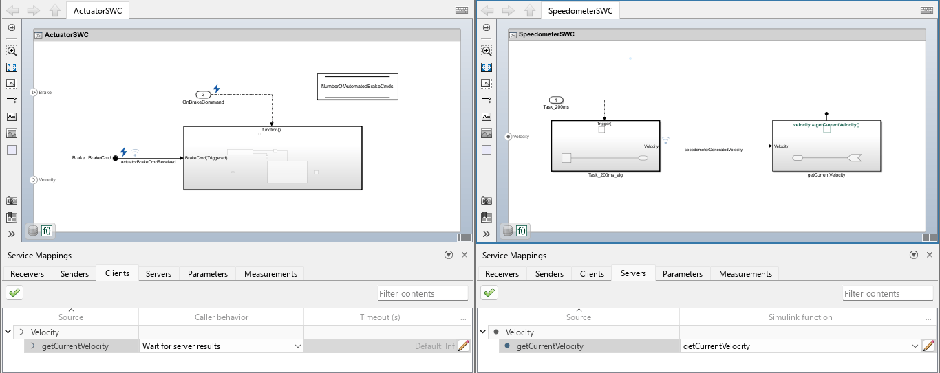 Models ActuatorSWC and SpeedometerSWC side-by-side, both with the Service Mappings editor open. In the editor of the speedometer model, there is one parent entry in the spreadsheet of the Servers tab. In the editor of the actuator model, there is one parent entry in the spreadsheet of the Clients tab. In both, the parent entry is Velocity. In both, there is one child entry, getCurrentVelocity.
