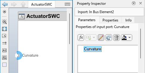 Parameters tab of the Property Inspector is selected. The title of the content in it is "Properties of input port: Curvature". The port is visible in the area below the menu bar items. Its name is Curvature.