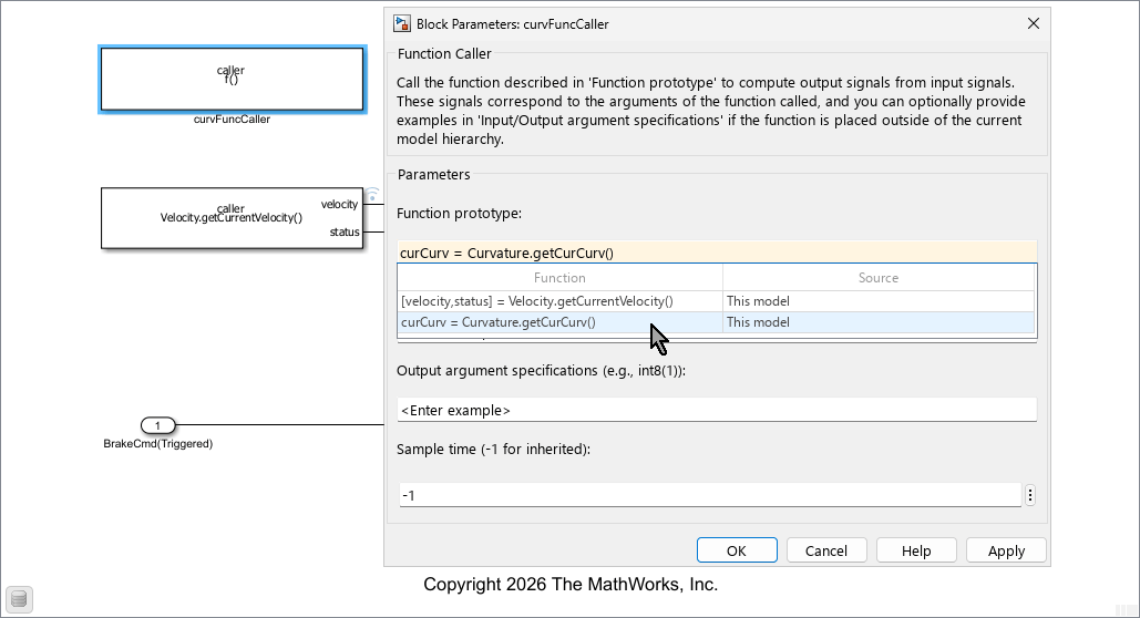 New Function Caller block named curvFuncCaller above the existing. The block parameters dialog box is open and the mouse is selecting the of the Function prototype parameter from an open drop down list. The selected value is curCurv = Curvature.getCurCurv().