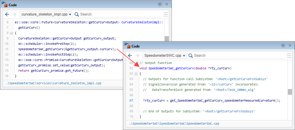 Code pane showing the function getCurCurv in the file curvature_skeleton_impl.cpp and next to it, another instance of the Code pane showing the function SpeedometerSWC_getCurCurv in the file SpeedometerSWC.cpp.