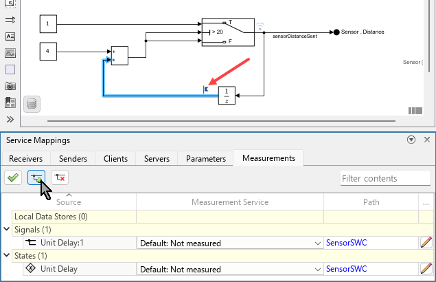 In the Measurements tab of the Service Mappings editor, under the parent entry Signal, there is a child entry, Unit Delay:1. A red arrow is pointing to the new label on the signal line.